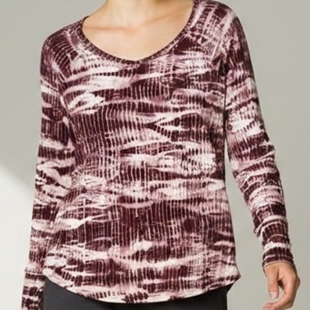 Frye and Co Womens Burgundy Tie Dye Long Sleeve Thum Hole Scoop Neck Top Size L